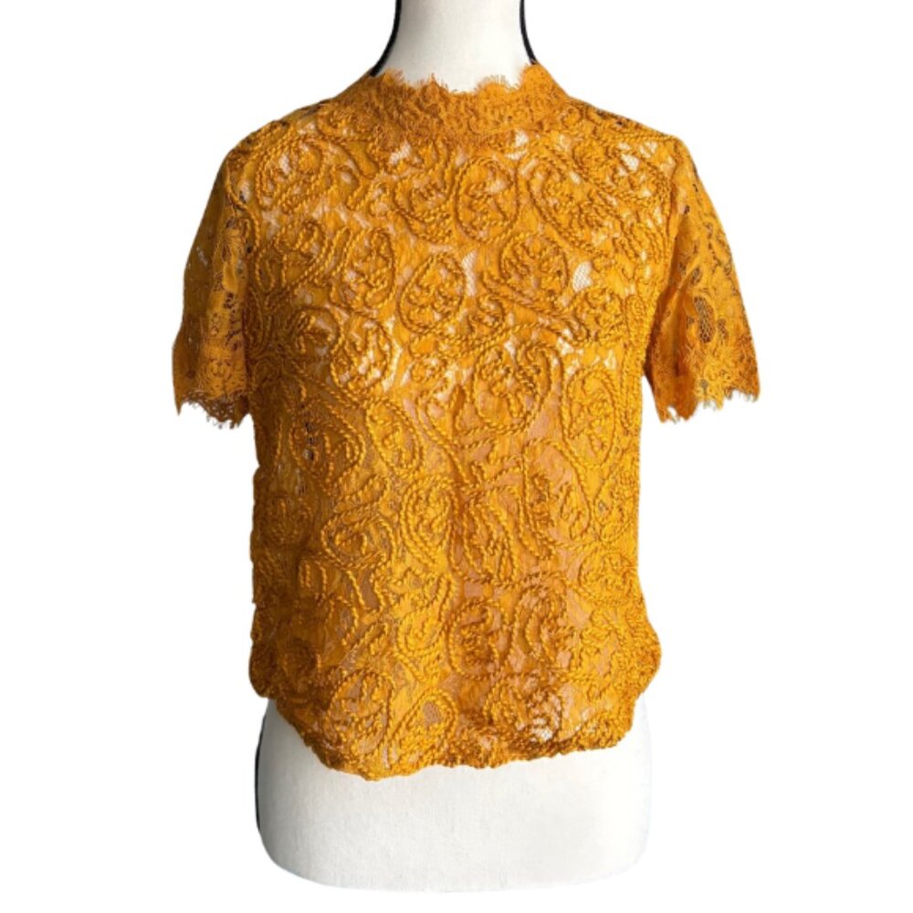 ZARA YELLOW TEXTURED LACE TOP WITH ZIPPER ON THE BACK, SZ. M